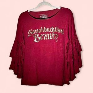 Burgundy Pirates Graphic Tee with Ruffled Bell Sleeves